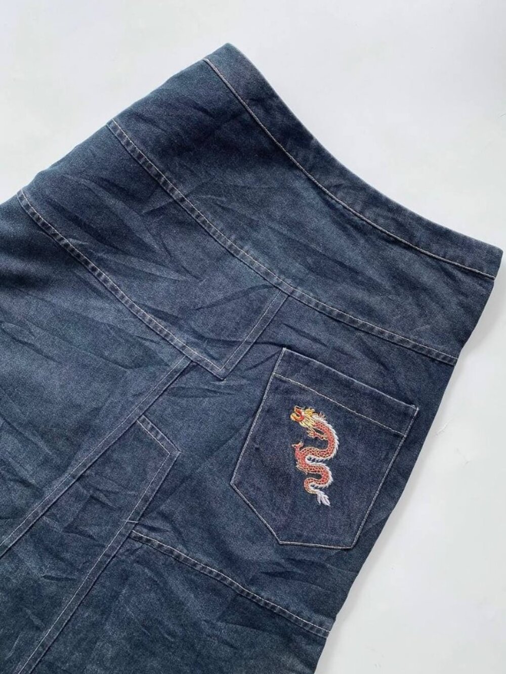 Y2K Dark Wash Denim Midi Skirt Asymmetrical Patchwork Panel A-Line Skirt - Picture 3 of 6